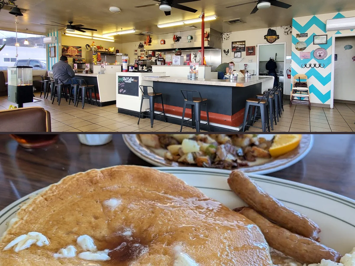Breakfast plates on a casual cafe table.