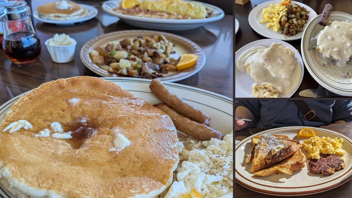 Breakfast plates on a casual cafe table.