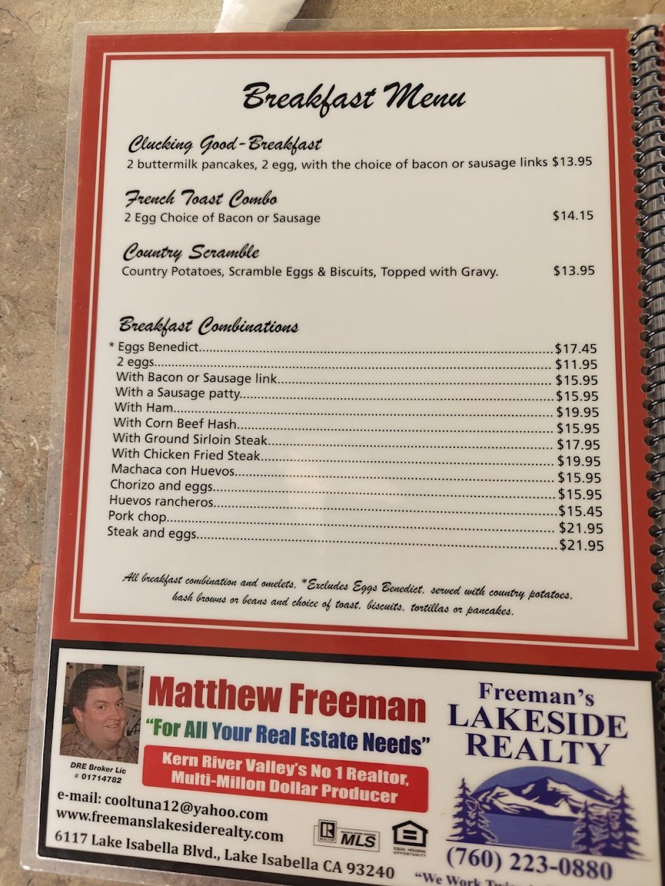 Cafe menu showing coffee and classic diner plates.