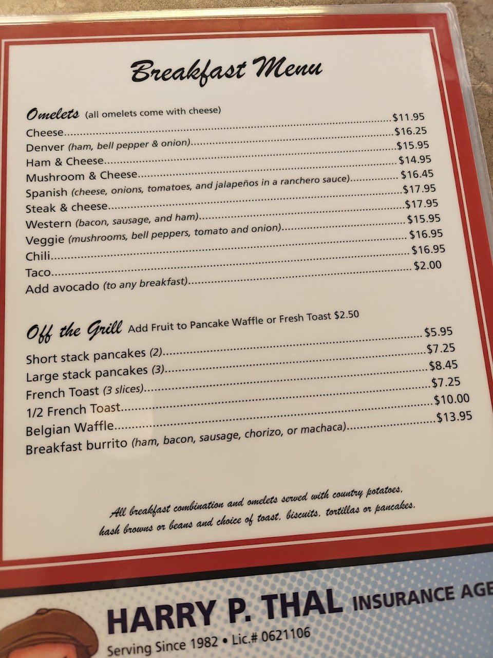 Menu page with burgers, breakfast, and beverages.